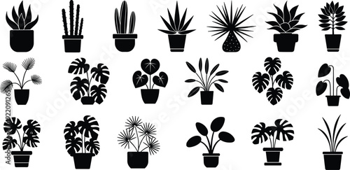 Collection of Potted Houseplants Silhouettes, Indoor Tropical and Succulent Plants Vector Illustration Set for Modern Home Decor Design