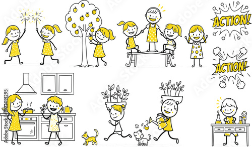Happy Kids Daily Activities Doodle Set with Playing Cooking Gardening and School Moments for Children Lifestyle Education and Fun Illustration Designs