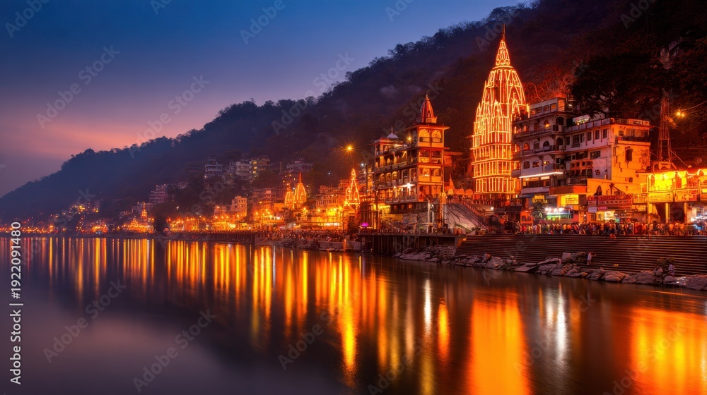 Obraz premium A serene riverside view at dusk, with illuminated buildings and reflecting lights on the water