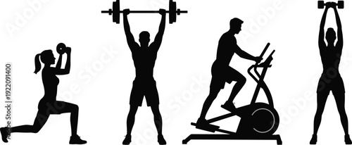 Fitness workout silhouettes, strength training exercises with dumbbells, barbell press, stationary cycling, healthy active lifestyle concept