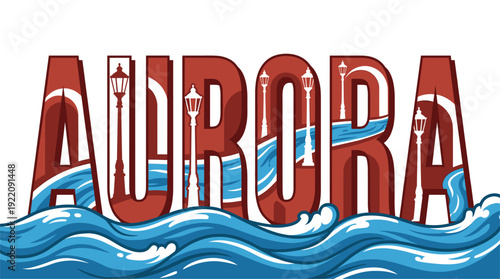 Aurora text with street lamps and sea waves vector illustration