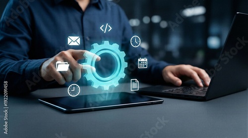 Wallpaper Mural Business Professional Interacting with Holographic Gear and Productivity Icons on Digital Tablet Torontodigital.ca