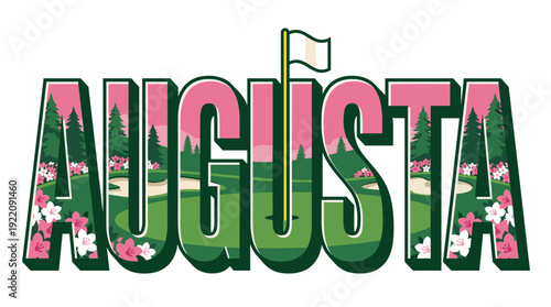 Augusta typography with scenic golf course and azaleas vector illustration