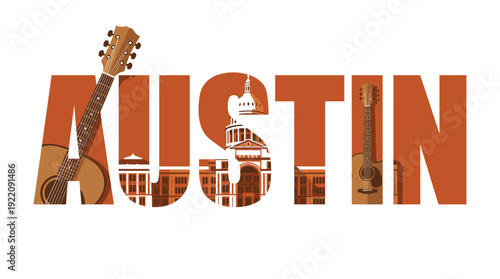 Austin Texas city typography with guitars and capitol building vector illustration