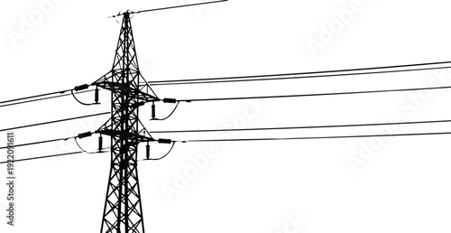 High voltage electric power line tower silhouette isolated on white background for industrial energy supply infrastructure engineering utility project or electricity distribution network concept