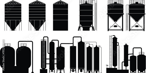 Industrial Storage Silos and Processing Tanks Silhouette Set, Chemical Plant Equipment Vector Illustration for Manufacturing and Engineering Design