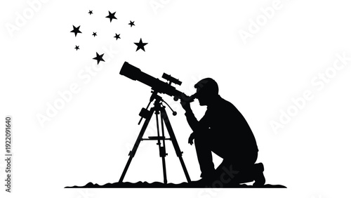 A man looks through a telescope at the stars isolated on white background, Vector