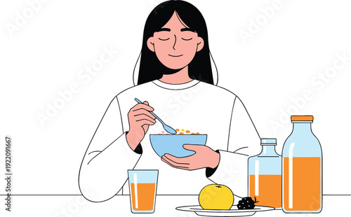 Young woman eating healthy breakfast bowl with orange juice and fruit flat vector illustration of morning routine wellness and balanced nutrition lifestyle