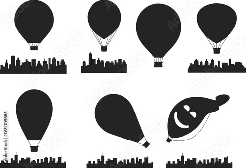Hot Air Balloon Silhouettes Over City Skyline, Floating Aerostat Vector Illustration Set for Travel Adventure and Urban Tourism Design