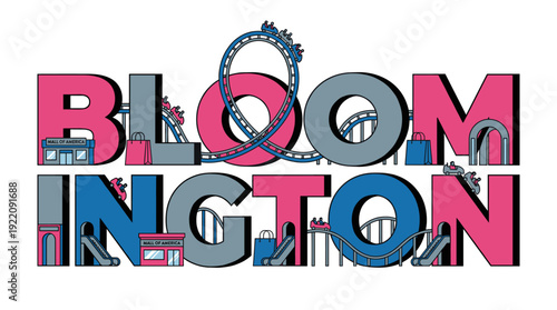 Bloomington city name with amusement park and shopping mall vector illustration
