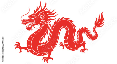 Red Chinese Dragon Silhouette Vector Illustration on White Background