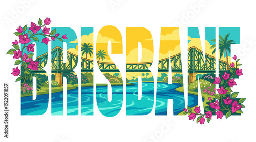 Brisbane city typography with Story Bridge and bougainvillea vector illustration