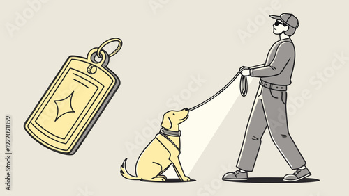 Man walking dog with blanket and a dog tag.