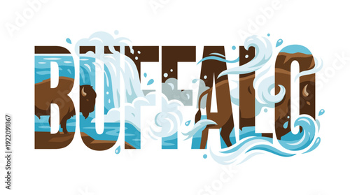 Buffalo New York typographic word art with bison and waterfall vector illustration