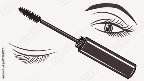 Mascara wand and human eye with long eyelashes.