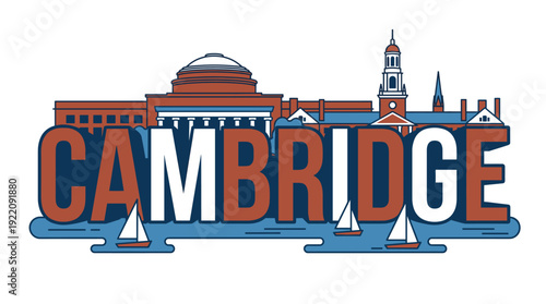 Cambridge Massachusetts skyline with landmarks and sailboats vector illustration
