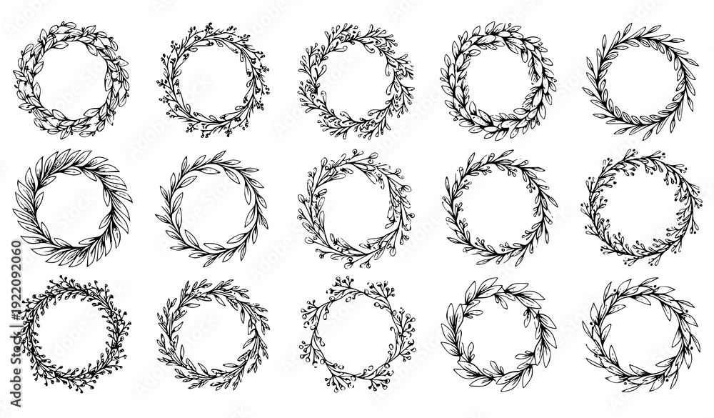 Obraz premium Vintage Hand Drawn Rustic Wreath Set – Floral Nature Vector Elements