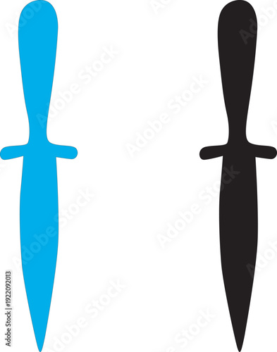 A blue dagger and a black dagger side-by-side in silhouette on a white background, representing contrast, choice, or duality in a minimalist vector design.