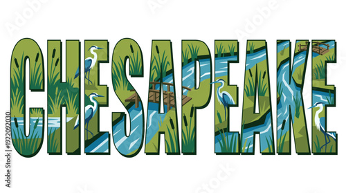 Chesapeake text featuring marsh wildlife scene vector illustration