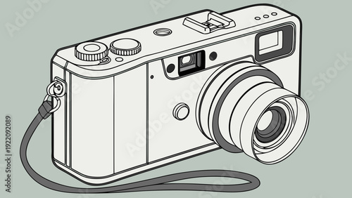 Retro Digital Camera with Wrist Strap Line Art Illustration.