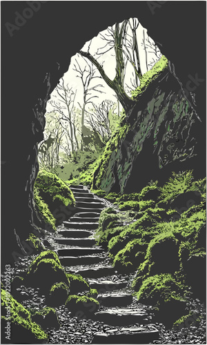 Stone steps covered in moss leading out of a dark cave into a bright forest.
