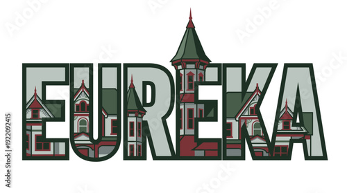 Eureka California wordmark with Victorian house vector illustration