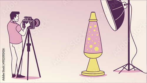 Videographer filming a lava lamp with studio lighting.