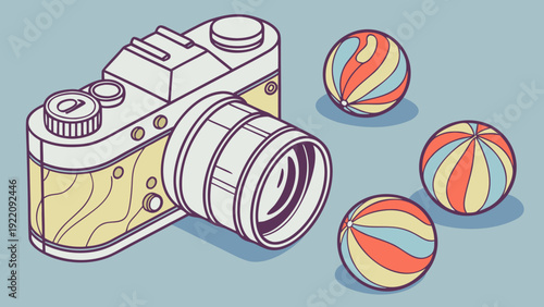 Vintage Camera and Colorful Marbles Still Life.