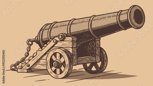 Vintage Cannon Illustration on Light Brown Background.