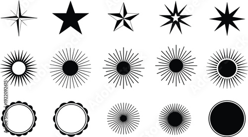 Starburst and sunburst shapes collection, vintage badge frames and decorative radial icons isolated vector illustration set