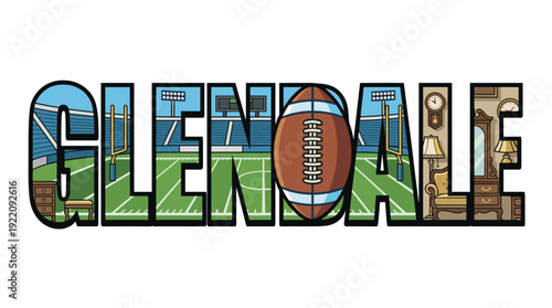 Glendale Arizona city name with football stadium and furniture vector illustration