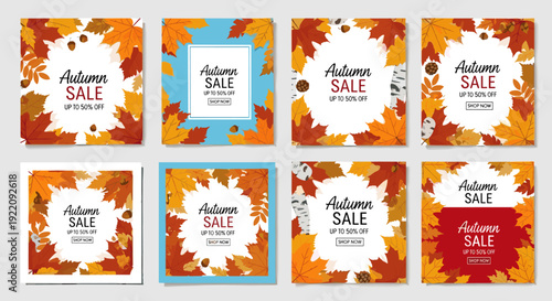 Collection of beautifully designed autumn-themed promotional banners with falling leaves for seasonal sales and special discount offers
