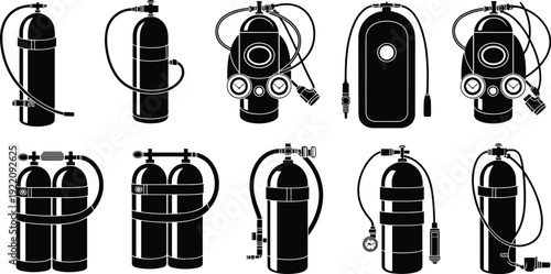 Scuba diving tank and oxygen equipment set, underwater breathing apparatus silhouettes isolated on white background for marine design