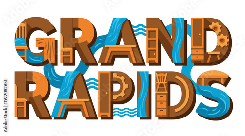 Grand Rapids city name with furniture and river vector illustration