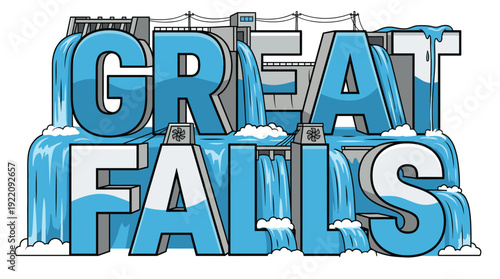 Great Falls text integrated with hydroelectric dam vector illustration