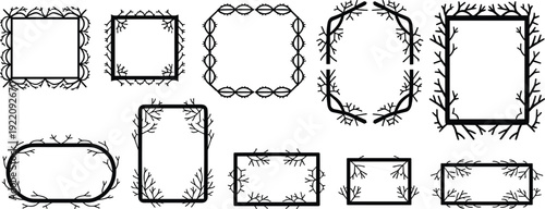 Hand drawn twig frame borders collection, rustic branch decorative square and rectangle border set for wedding invitation design vector