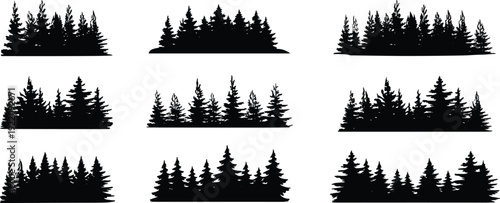 Evergreen pine forest silhouette set, black conifer tree skyline collection for woodland landscape background, nature vector illustration isolated
