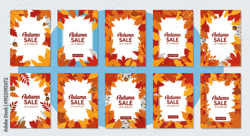 Set of ten vertical banners featuring autumn leaves and sale announcements, perfect for seasonal promotions and graphic design projects