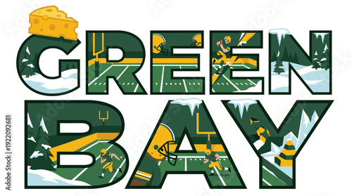 Green Bay text with football and winter scene vector illustration