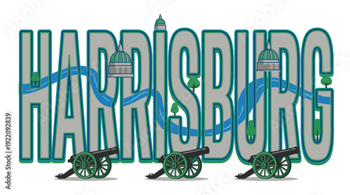 Harrisburg Pennsylvania city travel graphic with capitol and cannons vector illustration