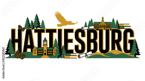 Hattiesburg Mississippi city typographic logo with university landmarks vector