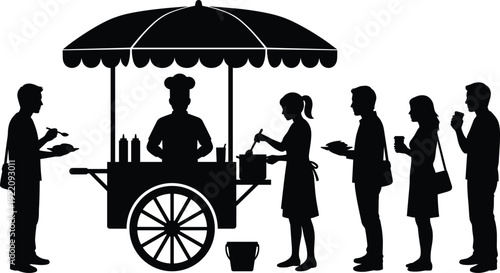 Black silhouette vector illustration of a street food cart with a chef serving a line of people outdoors for lunch.