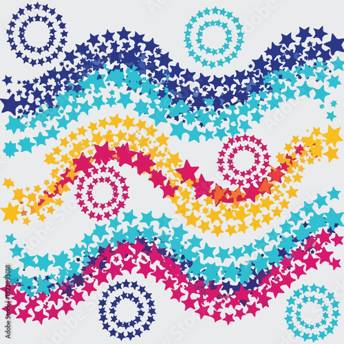 Colorful abstract design featuring stars and circular patterns