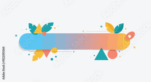 Colorful abstract design with a gradient bar, shapes, leaves, and stars