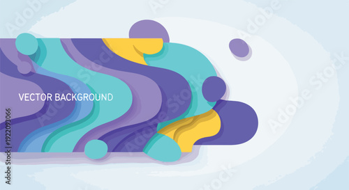 Colorful abstract design of layered shapes and organic forms on white background