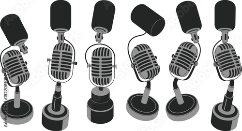 Vintage studio microphone collection, retro broadcast audio equipment isolated on white background for podcast and recording design