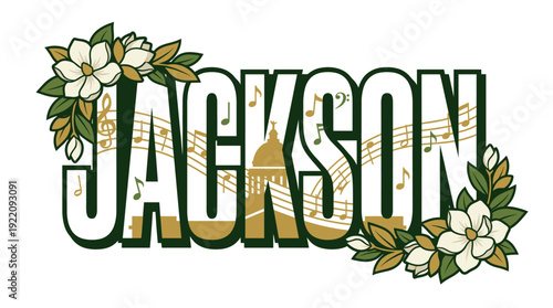 Jackson Mississippi typography with magnolia flowers and music notes vector