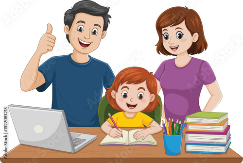 Child doing homework, family support, parents helping, education concept, learning environment, study desk, schoolwork illustration, cartoon vector, supportive teaching scene