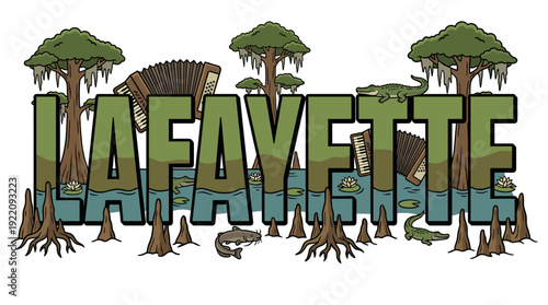 Lafayette Louisiana bayou scene with swamp wildlife vector illustration
