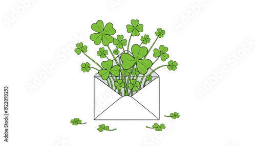 Green Four Leaf Clovers Sprouting from Envelope for Good Luck Success and Business Growth Marketing